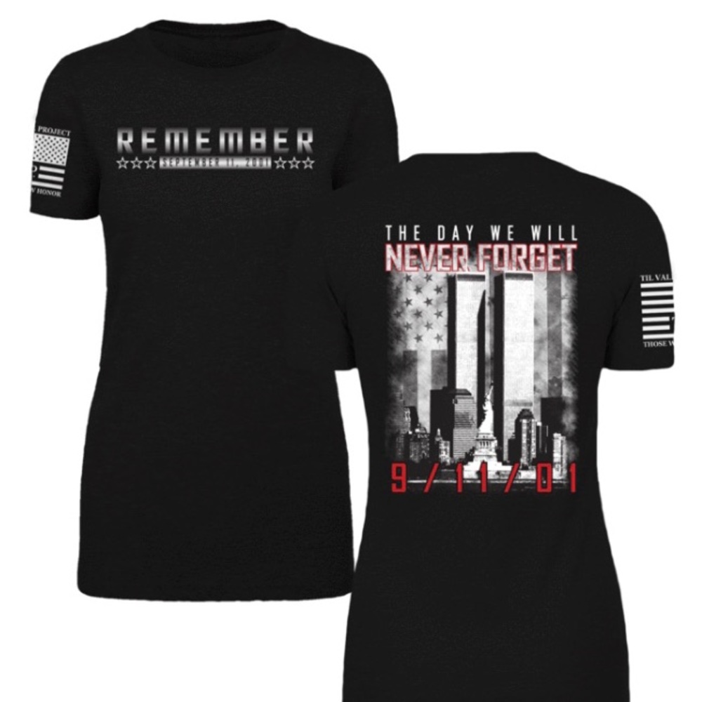 REMEMBERING 9/11 TRIBUTE WOMENS BLACK T-SHIRT POLLY COTTON BLEND NEVER FORGET SM